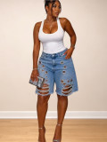 Spring Summer Women's Washed Ripped Loose Irregular Denim Shorts