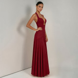 Summer Women's Solid Color Halter Neck Low Back Evening Dress