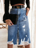 Women's High Waist Washed Frayed Ripped Split Denim Midi Skirt