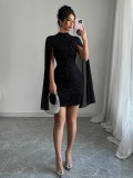 Women's Shiny Print High Neck Lantern Sleeve Tight-Fit Bodycon Party Dress