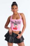 Summer Women's American Style Slim Fit Halter Neck Tie Letter Print Cartoon Tank Top