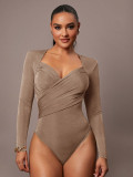 Women's Velvet V-Neck Cross Ruched Slim Fit Bodysuit