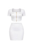 Women's Casual PU Patchwork Short Sleeve Sports Skirt Set