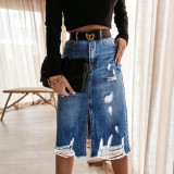 Women's High Waist Washed Frayed Ripped Split Denim Midi Skirt