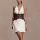 Women's Sexy Lace Halter Neck Chic Cutout Low Back Slim Waist Mini Dress