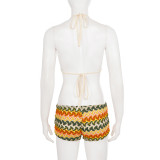 Women's Holiday Tropical Wave Print Halter Neck Bikini Top & Shorts Two-Piece Set