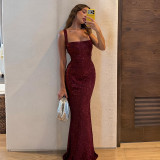 Women's Chic Shimmer Slim Waist Back Lace-Up Maxi Dress