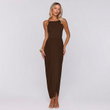 Summer Women's Mesh Patchwork Halter Neck Low Back Lace-Up Ruched Dress