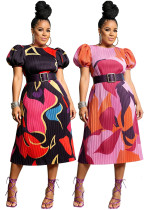 Summer Women's Printed Pleated Puff Sleeve Casual Dress