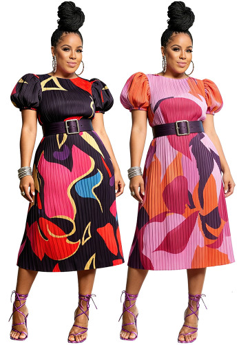 Summer Women's Printed Pleated Puff Sleeve Casual Dress