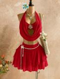 Women's Holiday Deep V-Neck Floral Metal Buckle Cami Top & Layered Ruffle Mini Skirt Two-Piece Set