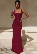 Women's Sexy Strap Dress Chic Square Neck Ruched Slim Waist Bodycon Maxi Dress