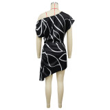 Women's Chic Striped Print Slash Shoulder Mini Dress