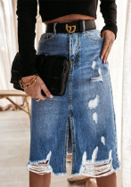Women's High Waist Washed Frayed Ripped Split Denim Midi Skirt Women's High Waist Washed Frayed Ripped Split Denim Midi Skirt