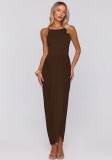 Summer Women's Mesh Patchwork Halter Neck Low Back Lace-Up Ruched Dress