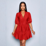 Women's Chic Solid Color Deep V-Neck Ruched Puff Sleeve Mini Dress