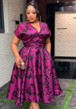 Plus Size Women's Jacquard V-Neck Short Sleeve Slim Waist A-Line Formal Party Dress