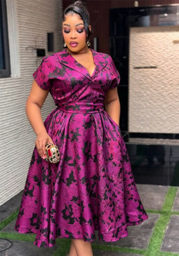 Plus Size Women's Jacquard V-Neck Short Sleeve Slim Waist A-Line Formal Party Dress