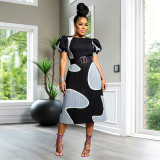 Summer Women's Printed Pleated Puff Sleeve Casual Dress