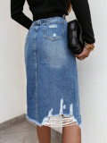 Women's High Waist Washed Frayed Ripped Split Denim Midi Skirt