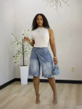 Spring Summer Women's Ripped Faux Two-Piece Loose Denim Shorts