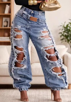 Summer Women's High Waist Ripped Double Waistband Denim Pants Summer Women's High Waist Ripped Double Waistband Denim Pants