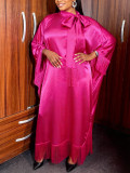 Women's African Solid Color Bat Sleeve Satin Tassel Lace-Up Robe Dress