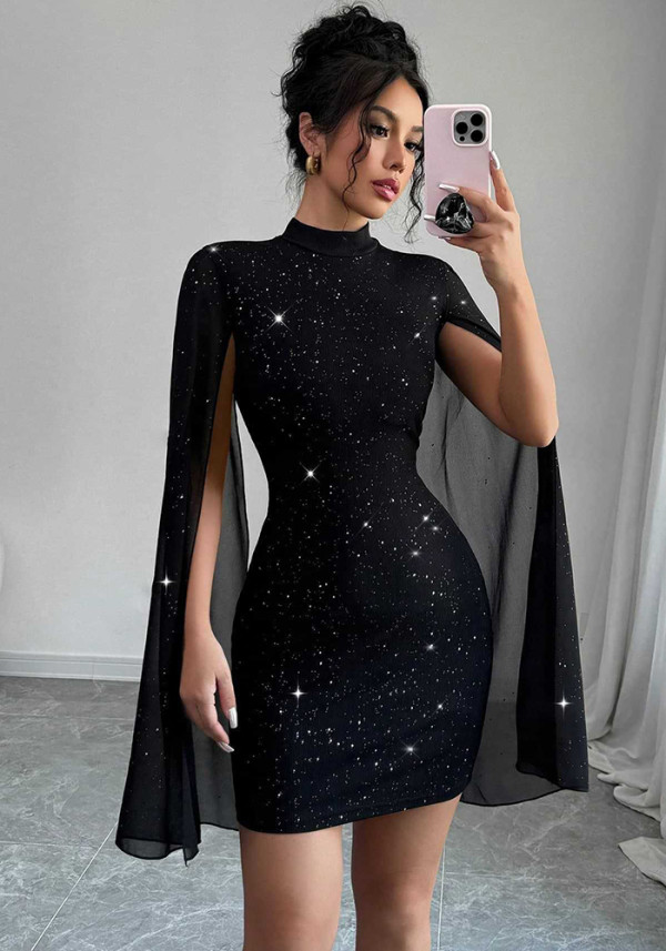Women's Shiny Print High Neck Lantern Sleeve Tight-Fit Bodycon Party Dress