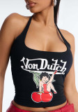 Summer Women's American Style Slim Fit Halter Neck Tie Letter Print Cartoon Tank Top