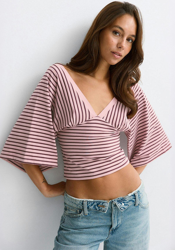 Fall Women's Elegant V-Neck Wide Sleeve Striped Patchwork T-Shirt