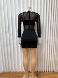 Spring Summer Women's Turndown Collar Mesh Patchwork Zip A-Line Shirt Dress