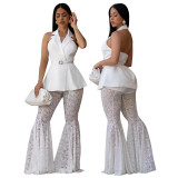 Women's Sleeveless Low Back Lace Blazer Top & Bell Bottom Pants Two-Piece Set
