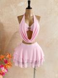 Women's Holiday Deep V-Neck Floral Metal Buckle Cami Top & Layered Ruffle Mini Skirt Two-Piece Set