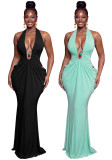 Women's Chic Halter Neck V-Neck Low Back Lace-Up Ruched Maxi Dress