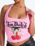 Summer Women's American Style Slim Fit Halter Neck Tie Letter Print Cartoon Tank Top