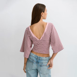 Fall Women's Elegant V-Neck Wide Sleeve Striped Patchwork T-Shirt