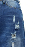 Women's High Waist Washed Frayed Ripped Split Denim Midi Skirt