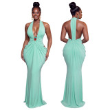Women's Chic Halter Neck V-Neck Low Back Lace-Up Ruched Maxi Dress