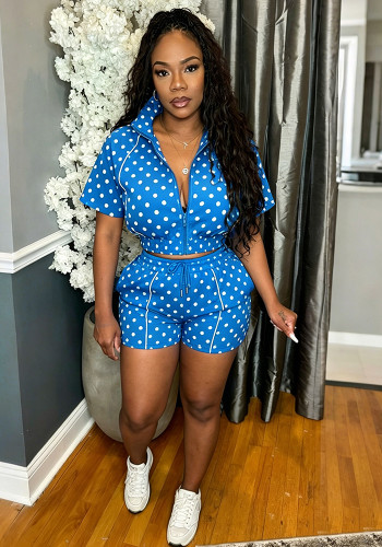 Women's Casual Polka Dot Zip Short Sleeve Top & Drawstring Shorts Two-Piece Set