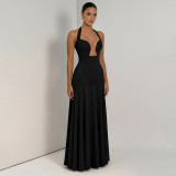 Summer Women's Solid Color Halter Neck Low Back Evening Dress