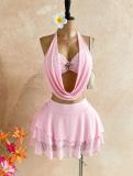 Women's Holiday Deep V-Neck Floral Metal Buckle Cami Top & Layered Ruffle Mini Skirt Two-Piece Set