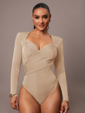 Women's Velvet V-Neck Cross Ruched Slim Fit Bodysuit