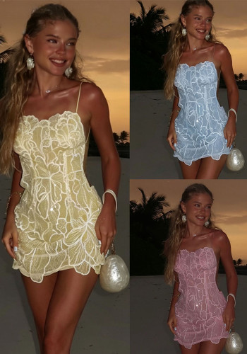 Women's Beach Holiday Sequin Embroidered Low Back Mini Dress