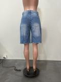 Spring Summer Women's Washed Ripped Loose Irregular Denim Shorts
