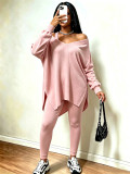 Fall Winter Women's Casual Loose Slash Shoulder Top & High Stretch Pants Two-Piece Set