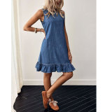 Summer Women's Washed Blue Round Neck Sleeveless Button Front Ruffle Denim Dress