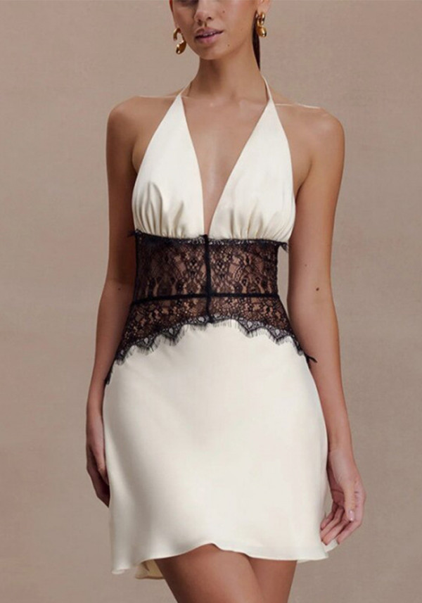 Women's Sexy Lace Halter Neck Chic Cutout Low Back Slim Waist Mini Dress
