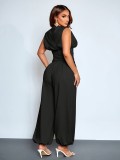 Women's Elegant Sleeveless Deep V-Neck Ruched Waist Loose Jumpsuit
