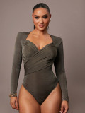 Women's Velvet V-Neck Cross Ruched Slim Fit Bodysuit