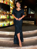 Women Sequin V-Neck Backless Short Sleeve Mermaid Bodycon Evening Dress